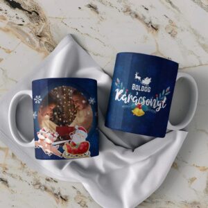 Egyedi fényképes karácsonyi sötétkék bögre