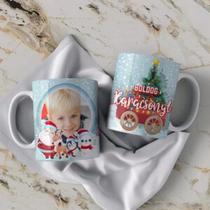 Egyedi fényképes karácsonyi világoskék bögre